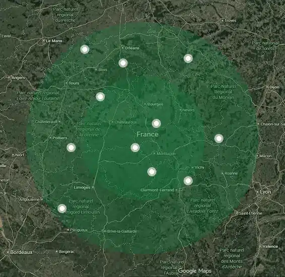 Carte satellite de la région d'un pays, montrant les contours géographiques et les principales caractéristiques du terrain.
