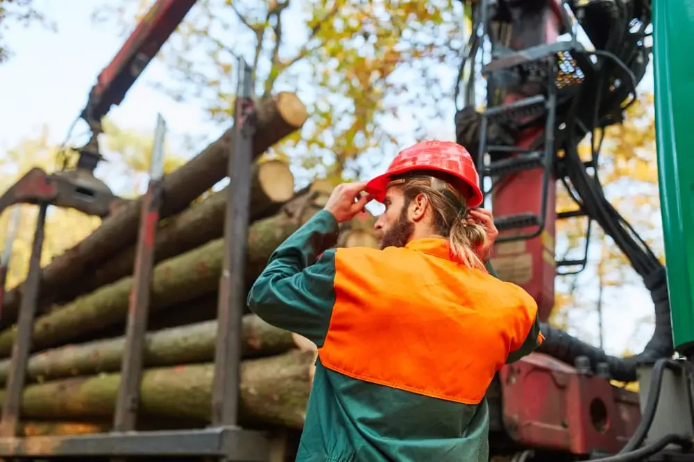 Jeune ouvrier forestier au transitaire pendant le chargement et le transport du bois long.