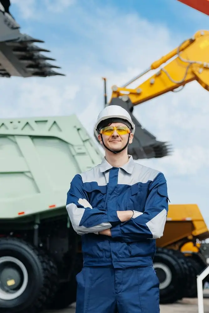 Fier conducteur homme ou travailleur de l'industrie sur fond camions et excavatrice.