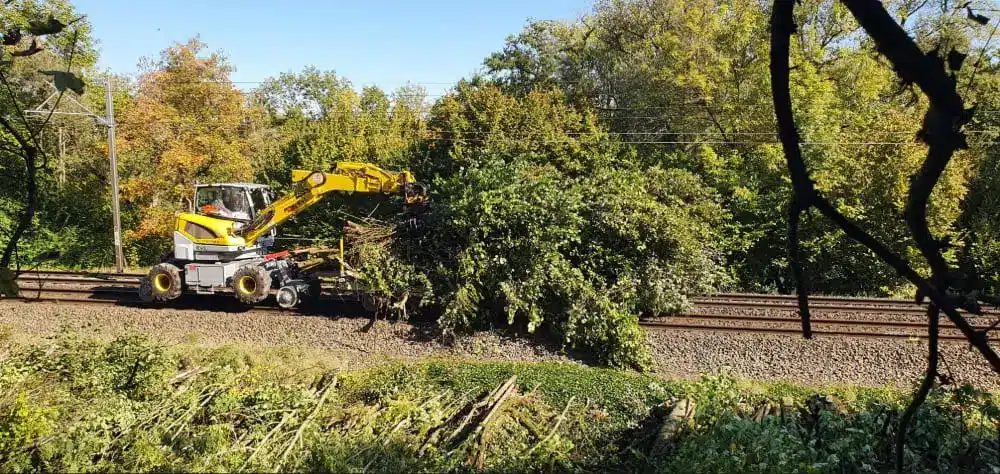 Un tracteur travaille sur les rails près de quelques arbres.